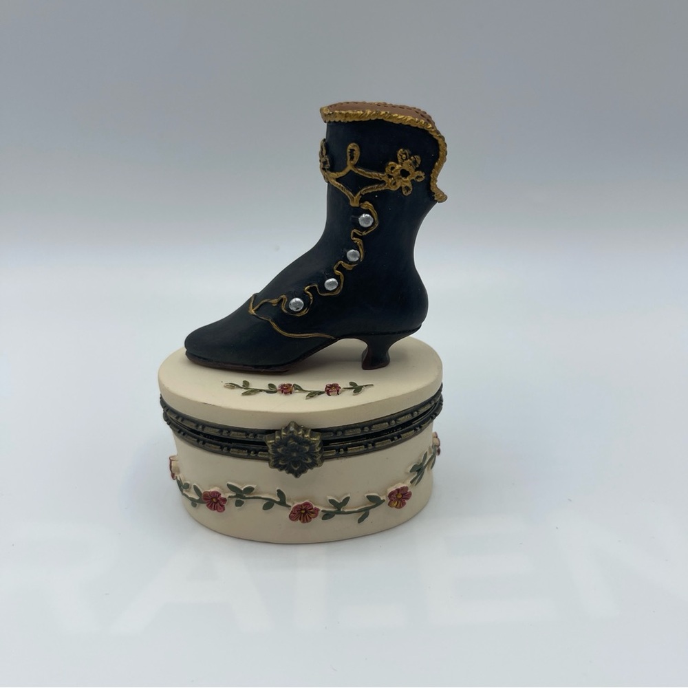 Vintage Victorian Boot Resin Trinket Box Antique Style Black High Heel Miniature